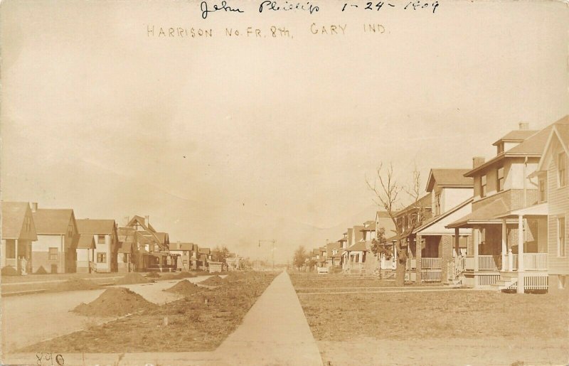 Gary IndiANa~American Square Homes~Dirt Harrison St Half-Paved @ W 8th~RPPC 1909 