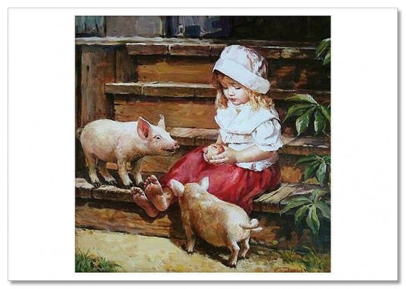 CUTE LITTLE GIRL & PIGS on farm Peasant Apple New Russia Modern Postcard