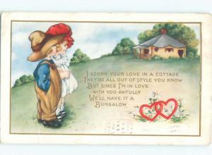 Pre-Linen BOY AND GIRL LOOKING AT LITTLE COTTAGE BUNGALOW AC2218