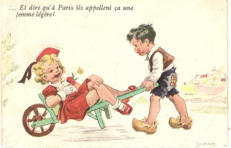 Boy arrying girl in a barrow Old vintage French postcard