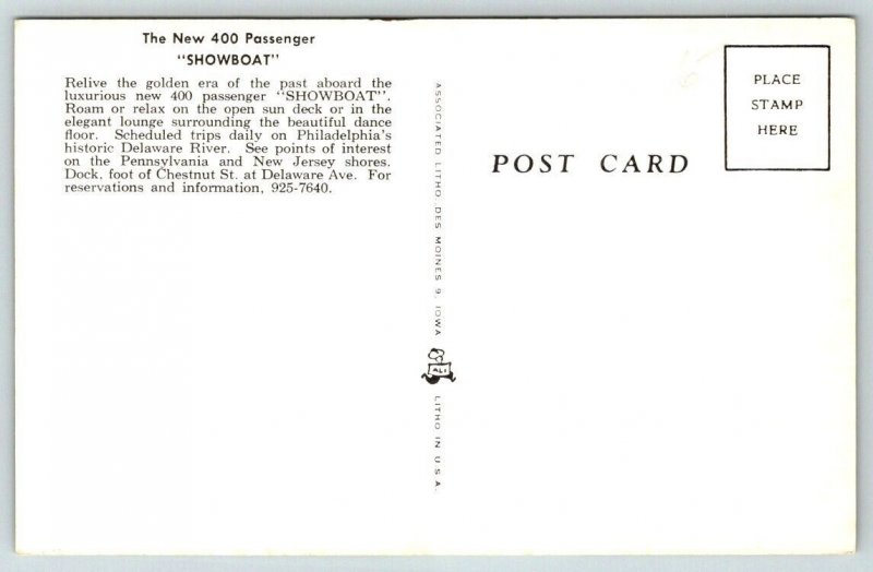 The New 400 Passenger  Showboat  Delaware River    Postcard