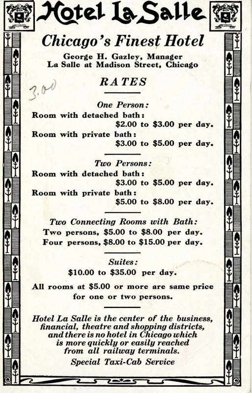 IL - Chicago. Hotel LaSalle Advertising Postcard