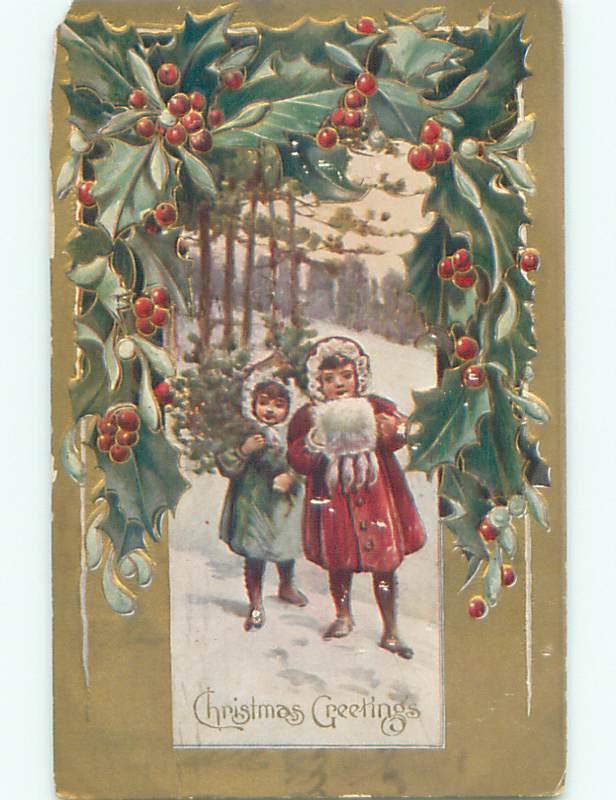 Pre-Linen GIRL WITH MUFF HAND WARMER & BOY WITH CHRISTMAS TREE k1245