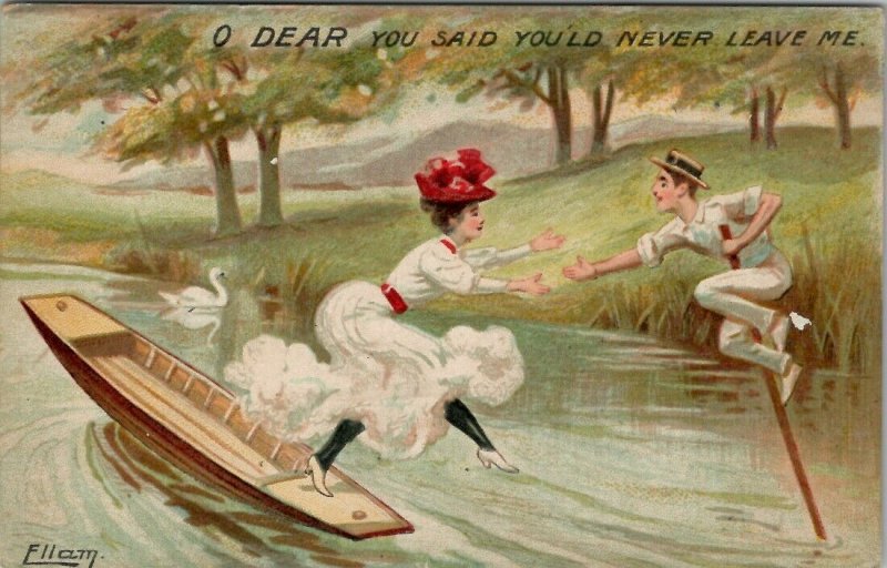 Artist Ellam Victorian Woman Jumps off Boat to Man Balancing On Oar Postcard V18