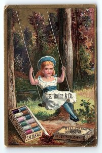 c1880 J & P COATS THREAD S. RADER & CO GIRL BLUE DRESS IN SWING TRADE CARD P1898