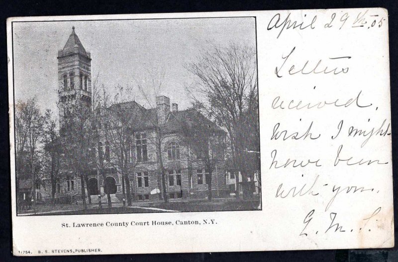 New York CANTON St Lawrence Country Court House Pub B.S. Stevens pm1905 ~ Und/B