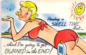 1950s Risque Comic Postcard Pretty Girl Going To Get Burned In The End