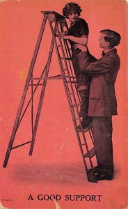 A good support Man holding a woman on a ladder R.P.O., Rail Post Offices PU 1...