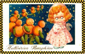 Vintage Winsch Adorable Little Girl, Pumpkin Men, JOL,Antique Halloween Postcard