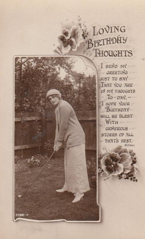 Birthday Thoughts WW1 Golf Antique Greetings Real Photo Postcard