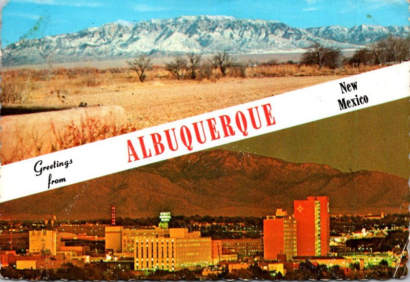 New Mexico Albuquerque Greetings Showing Skyline At Sunset 1973