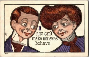 Couple Making Eyes at Each Other, Can't Make My Eyes Behave Vintage Postcard F44