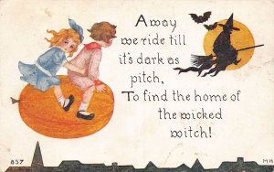 J87/ Halloween Postcard Holiday c1910 Witch Moon Pumpkin Ride 27