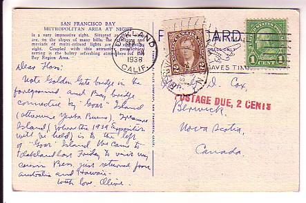 Night View San Francisco Bay California, Used 1938, US Airmail Slogan Cancel