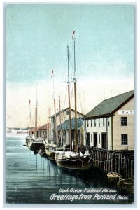 c1905 Greetings From Portland Maine Dock Scene Portland Harbor Unposted Postcard