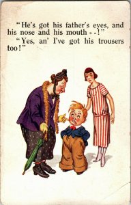 Older Woman, Boy Has Father's Eyes, Nose, Mouth and Pants Vintage Postcard D49