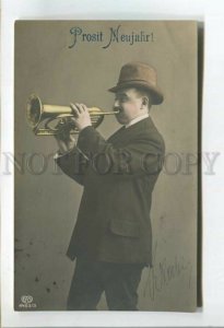 478475 NEW YEAR Musician trumpeter PHOTO postcard POST Sabile to Eleja Latvia