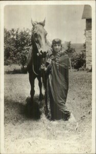 White Woman Fake Indian Costume Blanket Horse Pose c1910 RPPC AMATEUR