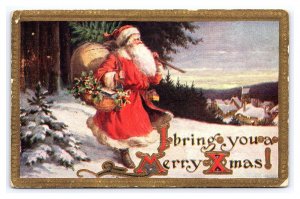 Postcard I Bring You A Merry Christmas Santa Claus Red Robe Sack Of Toys c1917