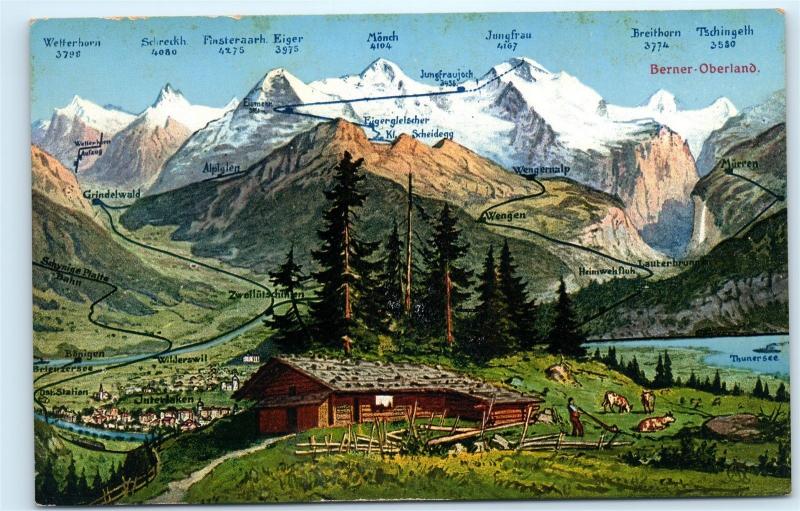 *Switzerland Mountains Map Berner Oberland Bernese Cabin Vintage Postcard B14