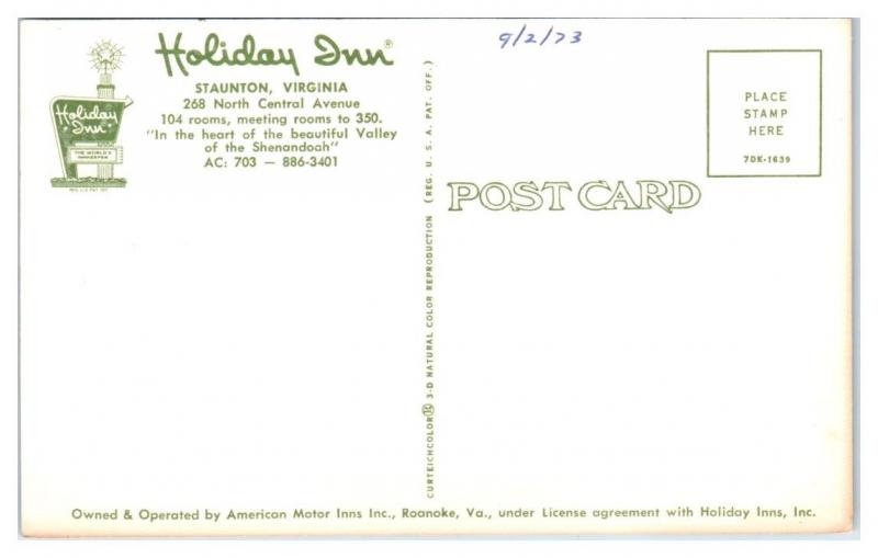 1970s Holiday Inn, Staunton, VA Postcard