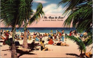 Miami Beach Florida Scenic Beachfront View Palm Trees Linen Cancel WOB Postcard 