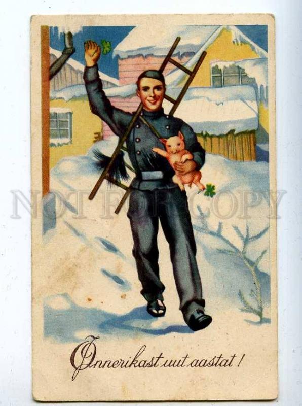 206847 NEW YEAR Pig CHIMNEY SWEEP Vintage Color postcard