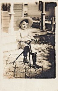 YOUNG BOY-STRAW HAT-RIDING TRICYCLE~1909 PSMK OTTAWA IL-REAL PHOTO POSTCARD