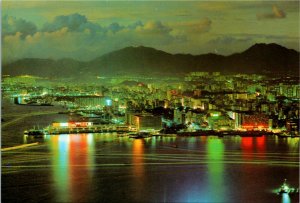Postcard Hong Kong Bird's Eye of the Whole of Kowloon by Night 1980s K23
