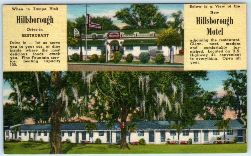 TAMPA, Florida  FL   Roadside HILLSBOROUGH DRIVE IN & MOTEL 1953 Linen  Postcard