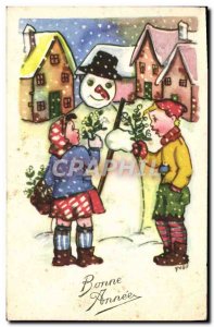 Old Postcard Fancy Happy Snowman Year