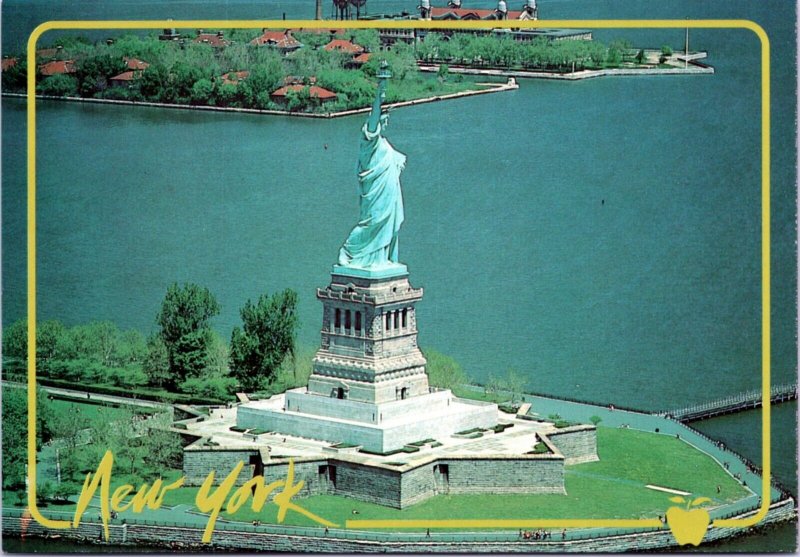 Postcard NY Statue of Liberty - bird's eye view with Ellis Island in background