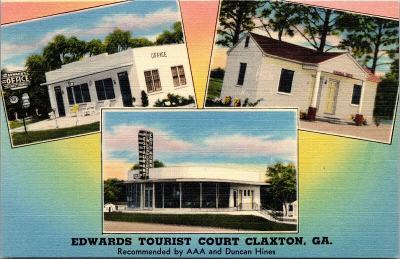 Vtg Edwards Tourist Court Motel Claxton Georgia GA Roadside Linen Postcard