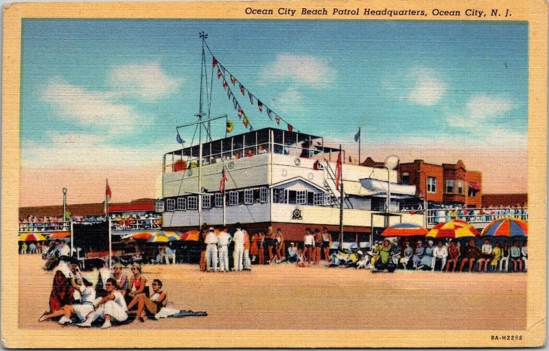 Ocean City New Jersey Beach Batrol Headquarters Linen Cancel WOB Postcard 