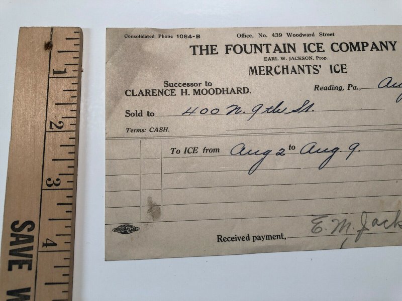 1915 The Fountain Ice Company Merchants Ice Reading PA Invoice Letterhead