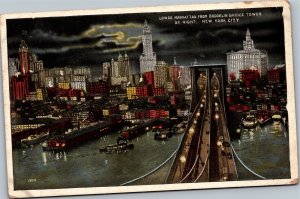 Postcard NY Lower Manhattan from Brooklyn Bridge Tower by night