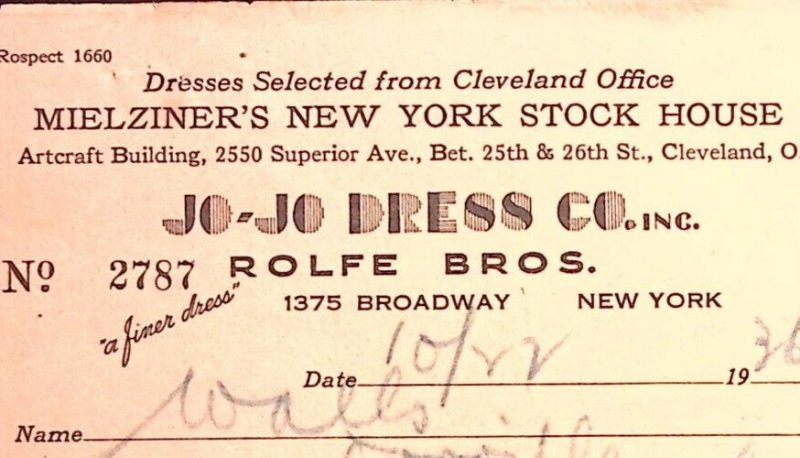 1936 JO-JO DRESS CO ROLFE BROS WALLS STORE ORRVILLE OH BILLHEAD INVOICE Z256