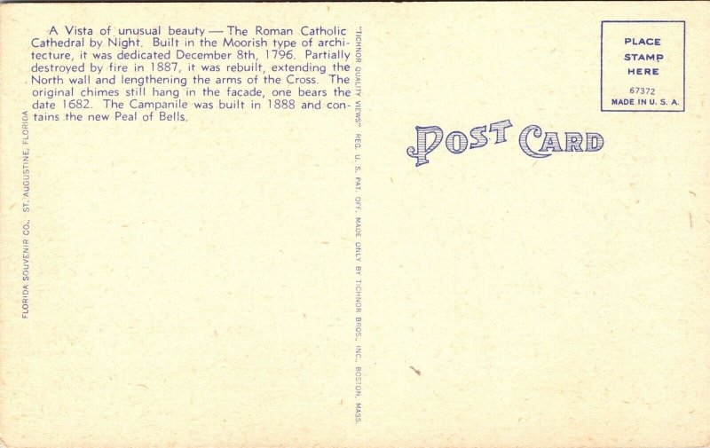 Old Cathedral St. Augustine Florida FL Linen Postcard Roman Catholic Postcard 
