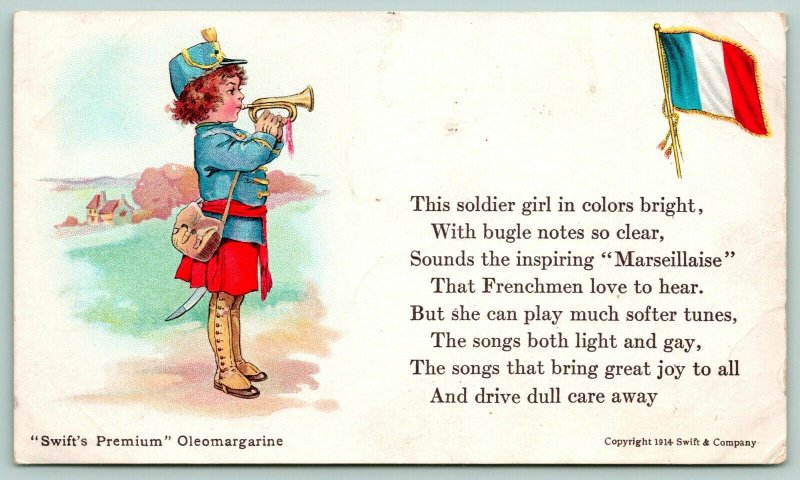 Swift's Premium Oleomargarine~French Soldier Girl~Bugle Notes~Flag~1914 Adv PC 