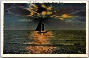 Lorain Ohio OH, Boat Sailing by Moonlight, Ocean Sunset Scene, Vintage Postcard