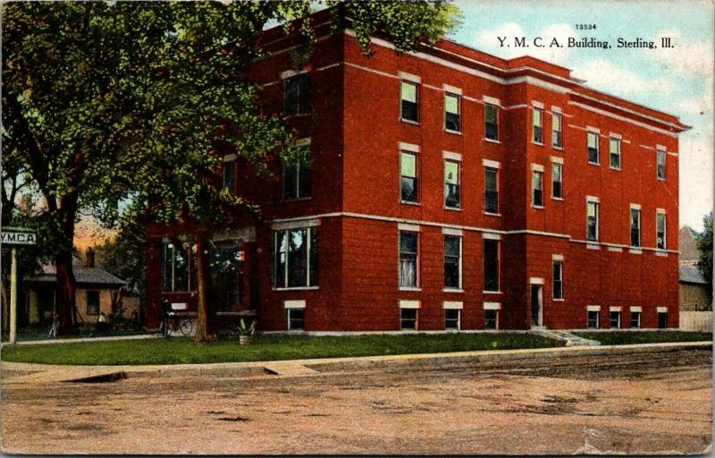 Sterling Illinois~YMCA~Wooden Signpost~Bicycle on Steps~1909 Postcard 