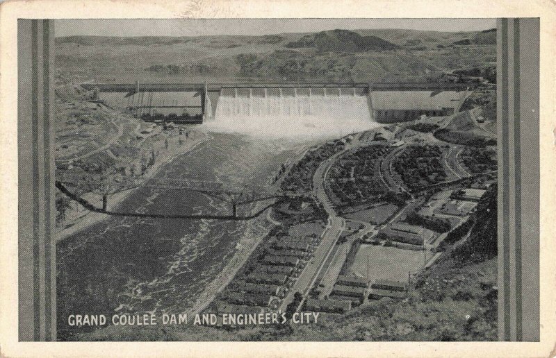 Circa 1946 Grand Coulee Dam & Engineer's City Bridge Washington RPPC 2T5-164 