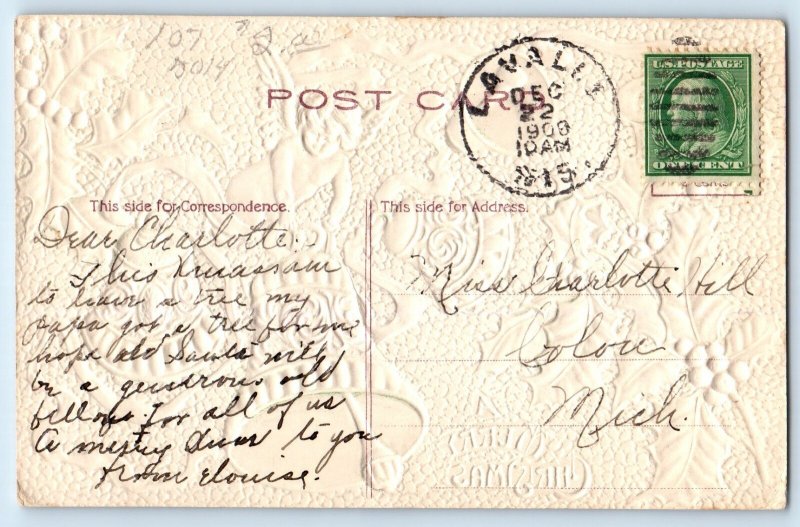 1908 Christmas Angel Ringing Bells Holly Berries Embossed Antique Postcard