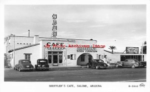 AZ, Salome, Arizona, RPPC, Sheffler's Cafe, 40s Cars, Frashers Photo No B-2843