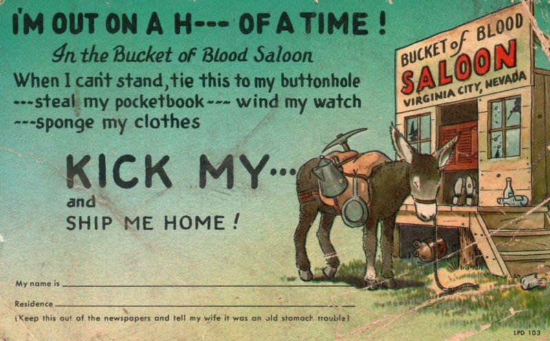 Vintage Postcard 1910's Kick My Ass Ship Me Home Donkey Bucket of Blood Saloon