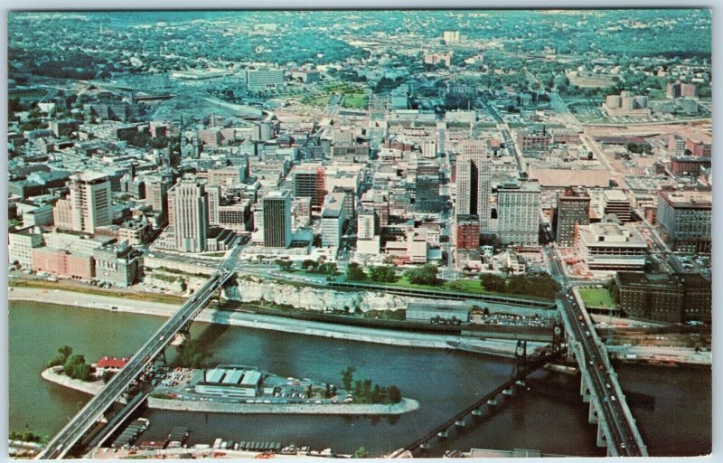 1966 Saint Paul MN Downtown Birds Eye Skyline Navy Island Mississippi River A224