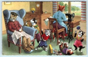 Mainzer Dressed Cats Kittens SEWING MACHINE & CATNAP  #4861 Belgium Postcard