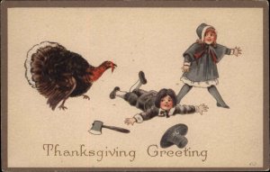 Thanksgiving Pilgrim Children Attacked by Turkey c1910 Vintage Postcard