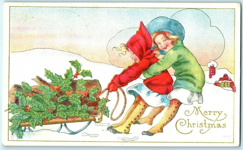 1910 Cute Girls Sled Christmas Tree Postcard P66 