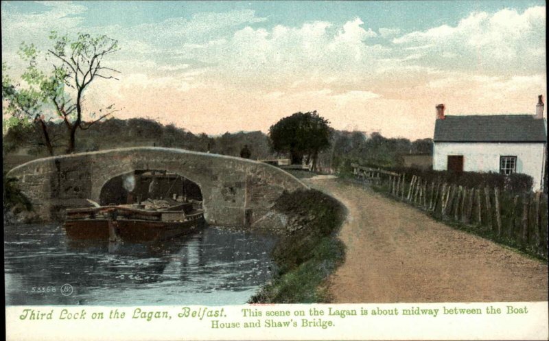 Belfast Ireland Third Lock on Lagan River Stone Bridge c1910 Postcard